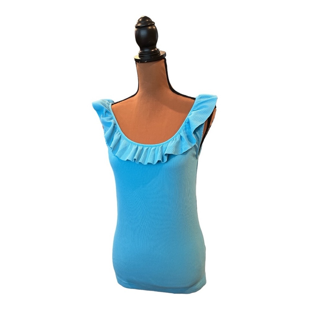 J.Crew Blue Ribbed Ruffle Off Shoulder Top S Stretch Tank Summer